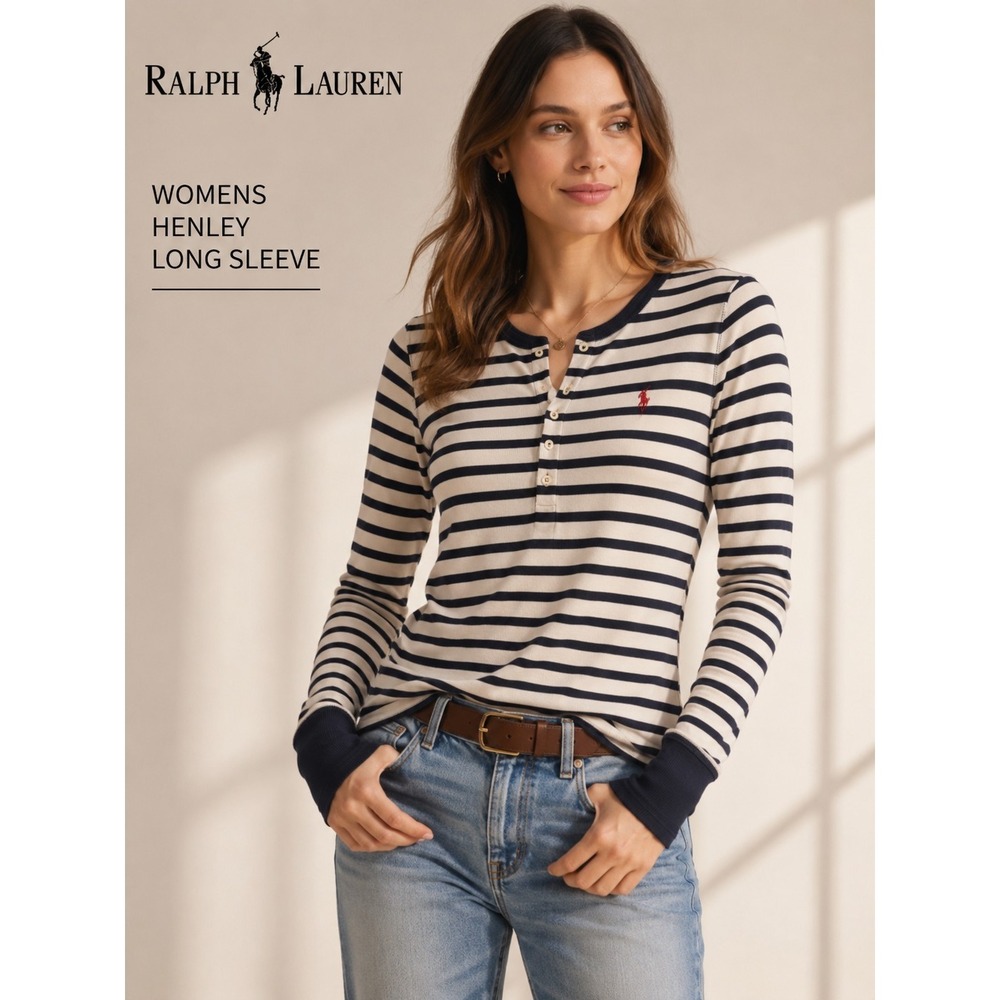 Ralph Lauren Blue Label Womens Henley Top Striped Long Sleeve Navy White Large
